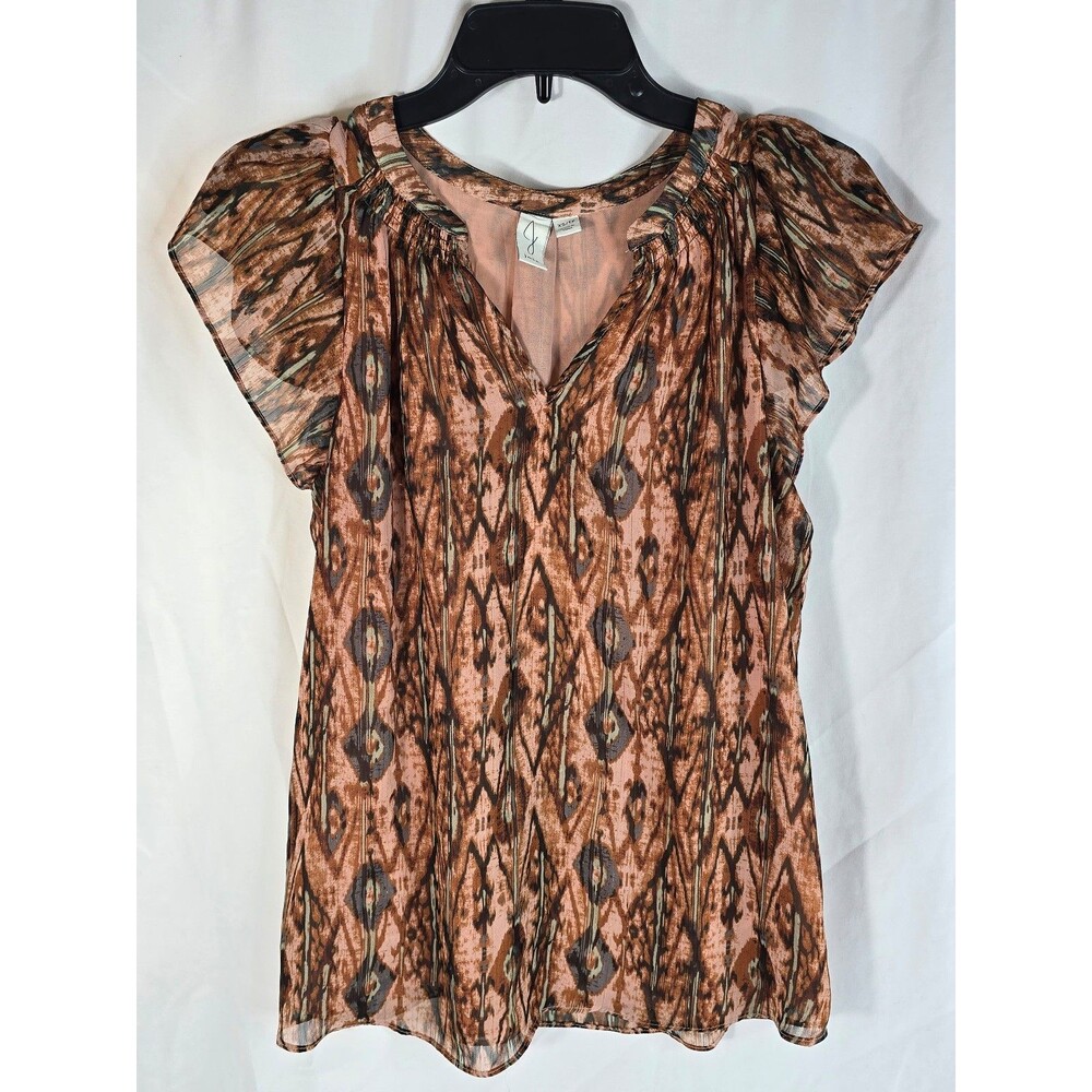 Joie Silk Blend Ikat Print Flutter Sleeve Blouse Metallic Shimmer V-Neck Size XS